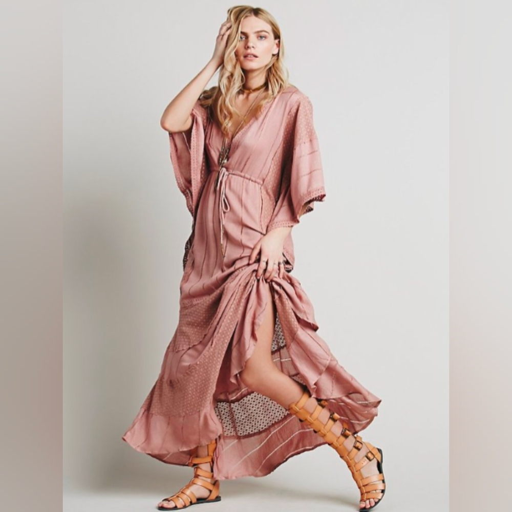 Free People Oh Valencia Gauzy Kaftan Crochet Maxi Dress XS